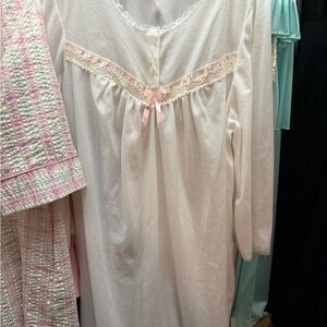 Vintage Nicole  Long Sleeve Nightgown with Lace Trim - White with Pink